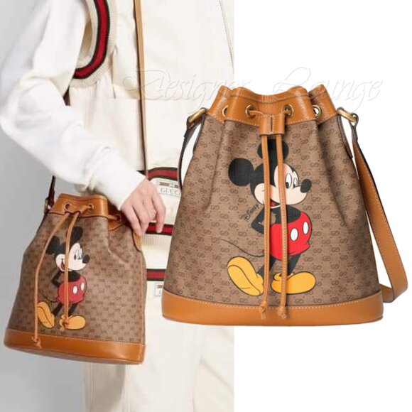 NEW GUCCI x Disney GG Supreme Canvas Mickey Mouse Leather Drawstring Bucket Bag - Picture 1 of 16